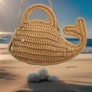 NWT Tommy Bahama Tan Wicker Whale Purse Straw Handbag Beach Bag Novelty Tropical